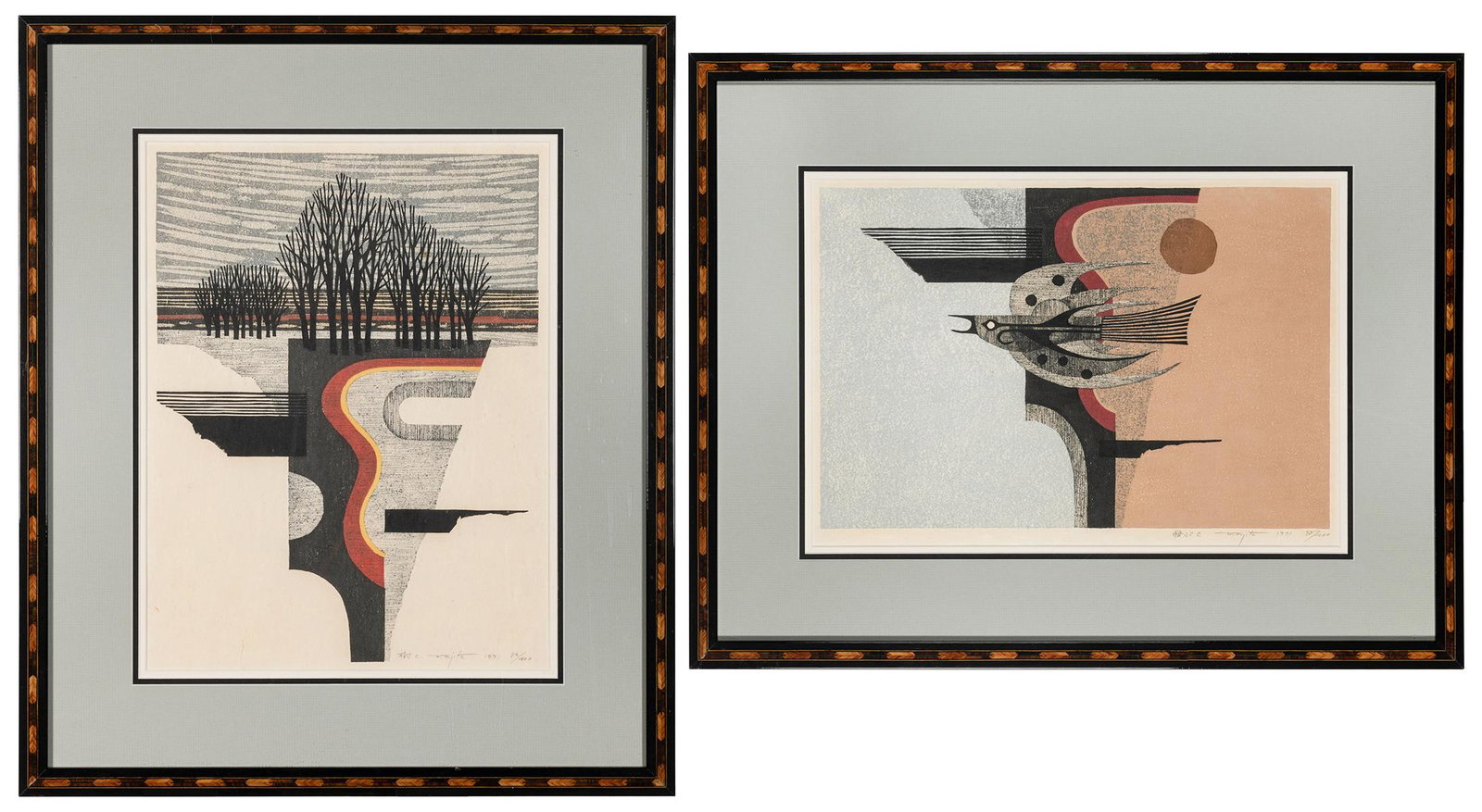 FUJITA, Fumio (b. 1933). A pair of signed woodblocks. 1971.... (1 of 3)