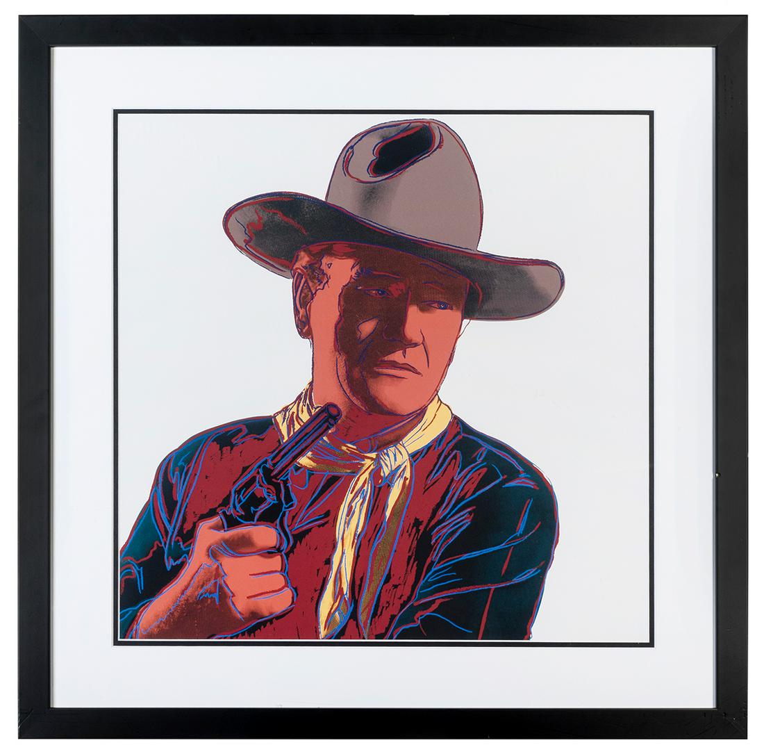 [WARHOL, Andy (American, 1928-1987), after]. John Wayne. Ci...: [WARHOL, Andy (American, 1928-1987), after]. John Wayne. Circa 2000s-2010s. Lithograph on paper. 19 ½ x 19 ½”. Matted, framed and glazed (frame size: 27 x 27”). Not examined out 