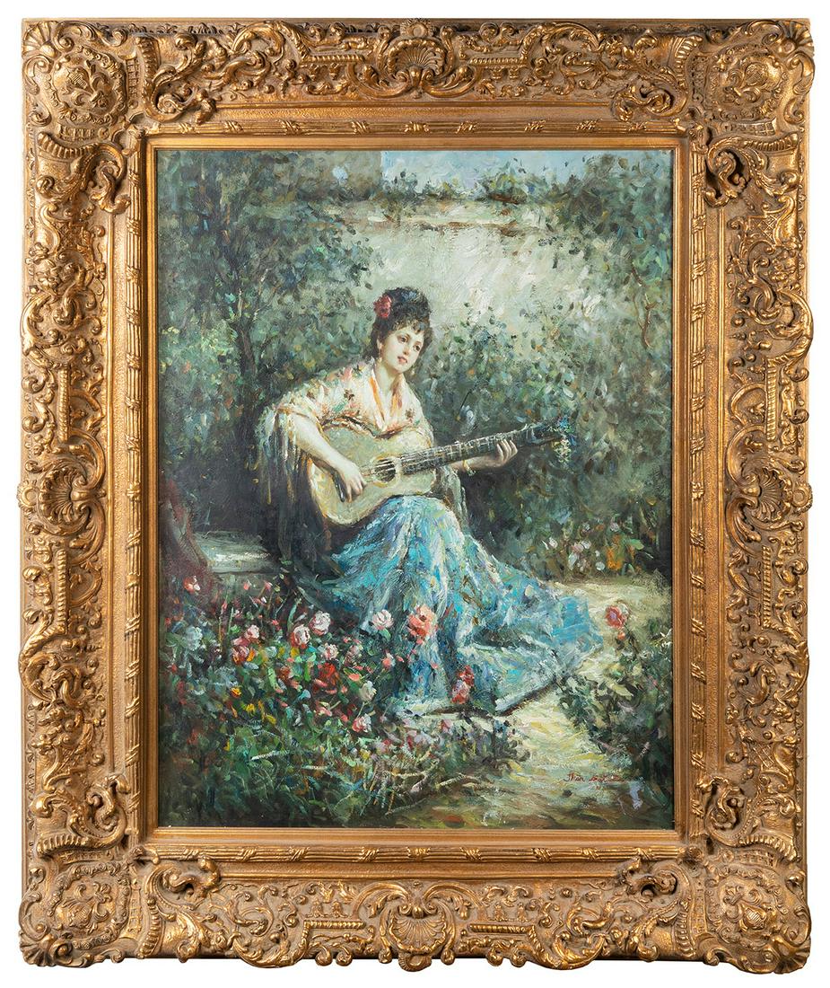 BAPTISTE, Jhan [?]. Woman with guitar. Original oil on canv... (1 of 1)