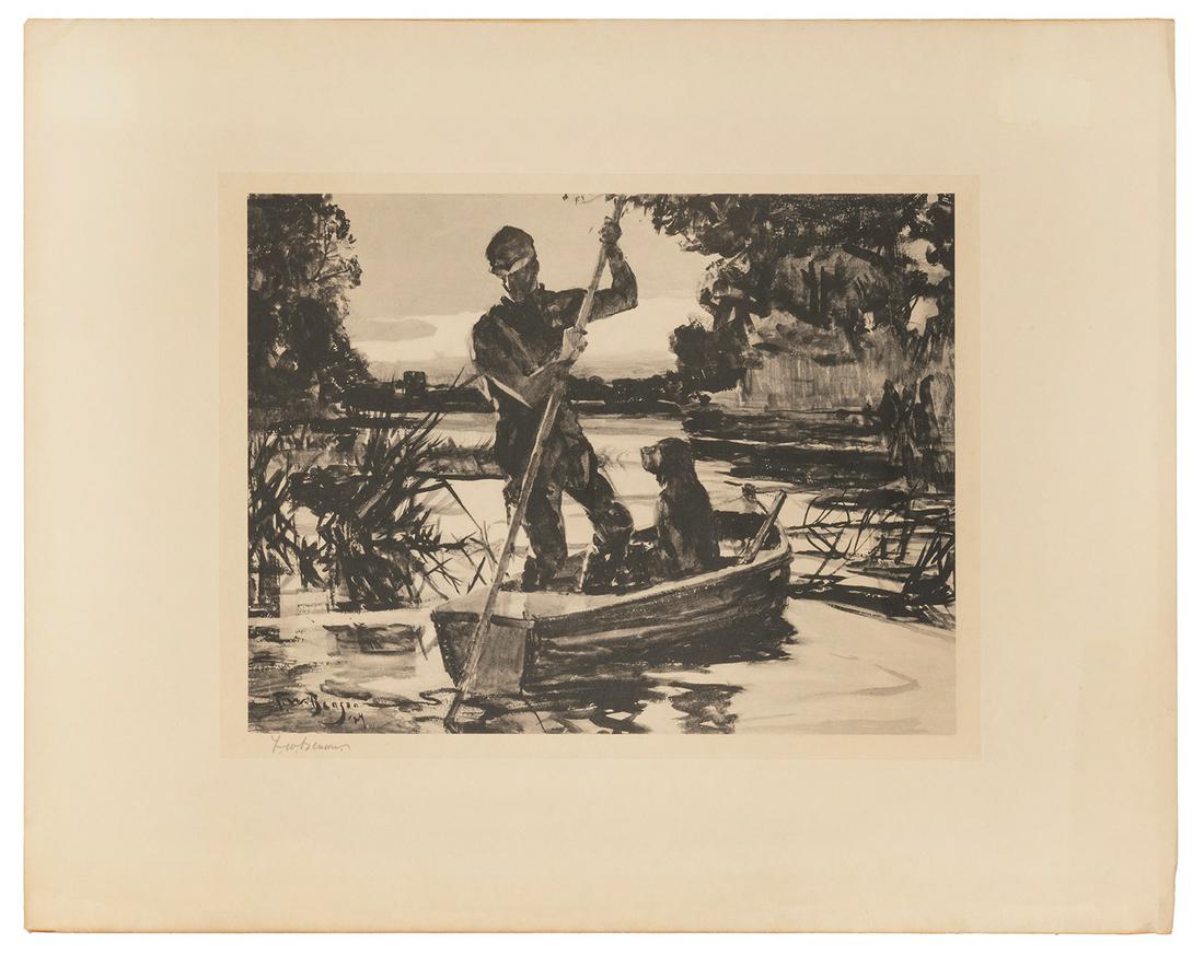 BENSON, Frank (American, 1862-1951). Hunter Poling a Boat. ...: BENSON, Frank (American, 1862-1951). Hunter Poling a Boat. Circa 1920s. Original lithograph signed by Benson in the lower left corner. 19 x 24”. Some toning, edgewear, some marginal creases and