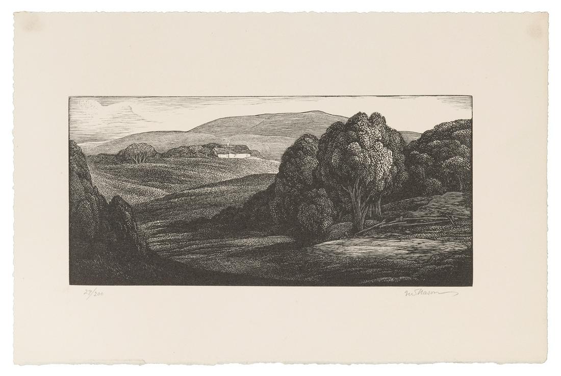 NASON, Thomas W. (American, 1889–1971). Upland Pastures. Ka...: NASON, Thomas W. (American, 1889–1971). Upland Pastures. Kansas City: The Woodcut Society, 1934. Woodcut engraving signed in pencil, numbered “29/200”, laid into original folio paper