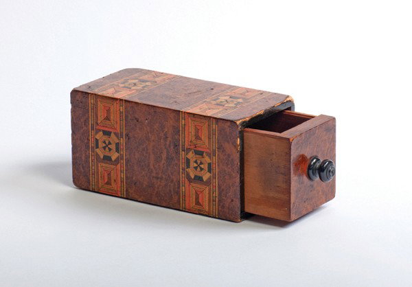 Drawer Box. London, J. Bland, ca. 1880. : Drawer Box. London, J. Bland, ca. 1880. The drawer in an oblong box is opened and shown empty. When opened and closed again, the drawer is now full of candy, or even two live doves. Veneer of burled h