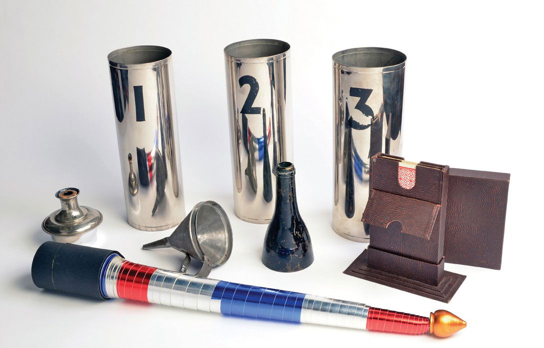 Group of six vintage stage magic props: [Stage Magic] Group of six vintage stage magic props. Including three nesting Organ Pipes; a Barber Pole Production; a small chromed Lota Bowl with unusual cork stopper; an early Magic Funnel (possibl