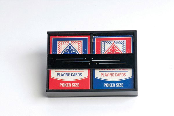 Surprise Box. Leiden Holland, Anverdi, ca. 1980: Surprise Box. Leiden Holland, Anverdi, ca. 1980. A card is selected and lost in the deck. The cards are dealt into a two-deck case one at a time, face down. Suddenly, the lid of the box snaps shut on