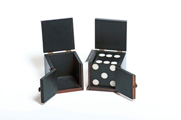 Break-Apart Die Box. LA, F.G. Thayer, ca. 1930: . Break-Apart Die Box. Los Angeles, F.G. Thayer, ca. 1930. A die vanishes from a hardwood cabinet and reappears in a hat previously shown empty. Includes two double doors, and can be separated during