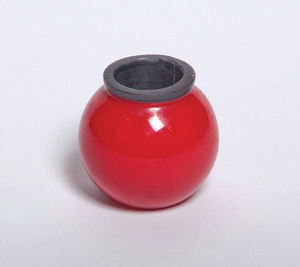 Devil's Jug (small). Los Angeles, ca. 1940.: Devil's Jug (small). Los Angeles, ca. 1940. Round red glass lota bowl which refills itself repeatedly each time it is emptied. Sold by Thayer under various names including the "Rose Bowl." 4" tall. Ve