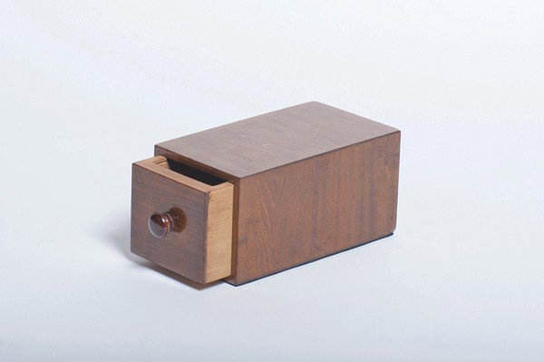 Drawer Box. Los Angeles, F.G. Thayer, ca. 1930. : Drawer Box. Los Angeles, F.G. Thayer, ca. 1930. Handsome hardwood box is shown empty and a moment later is full of fruit, toys, or even a live rabbit. Holdback feature built into the underside of the 