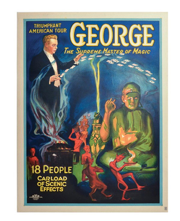 George. Triumphant American Tour litho poster: George (Grover G. George). Triumphant American Tour/George/The Supreme Master of Magic. Cleveland, Otis Litho. Co. ca 1926. Half sheet (20 x 27") color lithographed poster depicting George scaling car