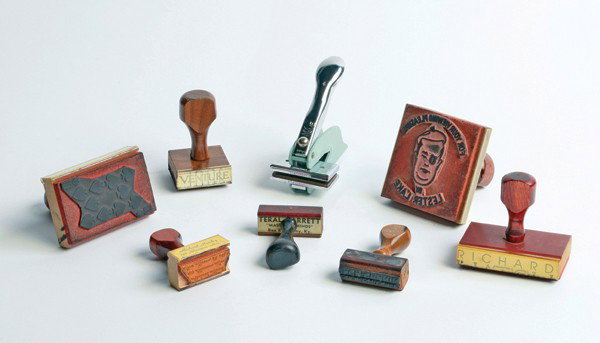 Group of eight rubber/blind stamps of magicians: Stamps] Group of eight rubber/blind stamps of magicians. Including seven rubber stamps for Jack Chanin, Lester Lake, Teral Garrett, Venture III, and Richard Hatch (two different); and John Braun's Ex-