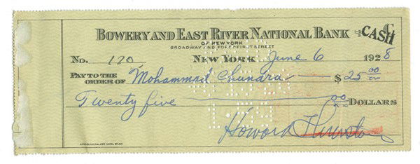 Bank check of Howard Thurston, signed. 1928: Thurston, Howard. Bank check of Howard Thurston, signed. Dated June 6, 1928 and signed in Thurston's hand. Check is in the amount of $25 and made payable to an employee and performer on the Thurston s