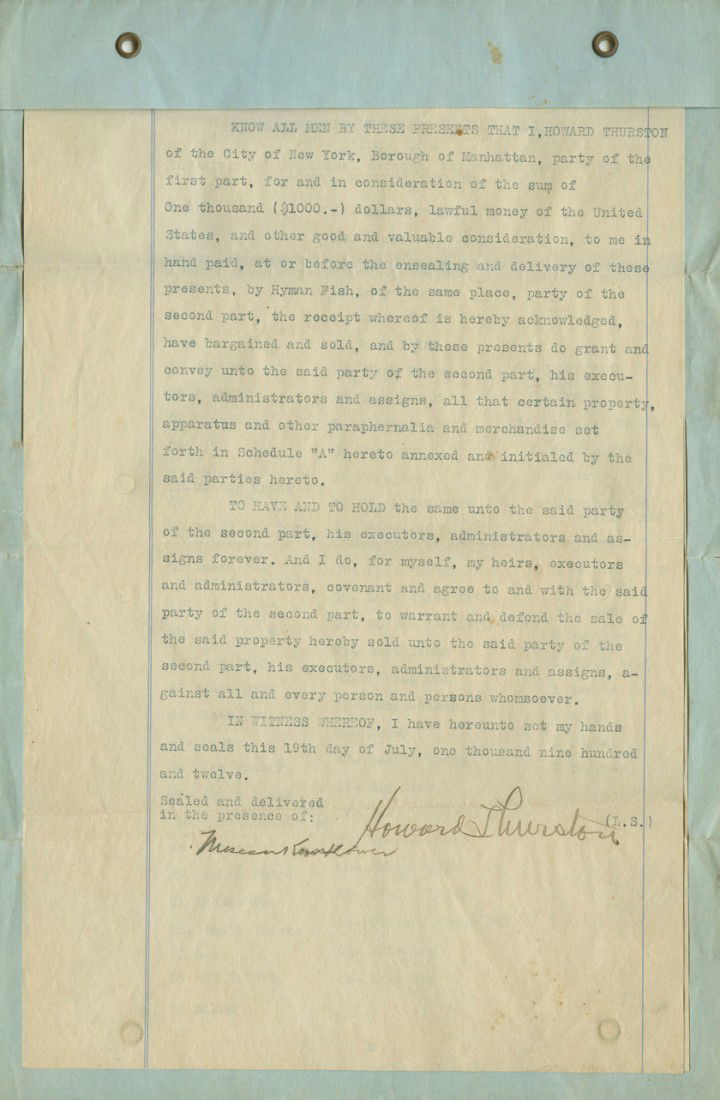 Important loan document signed by Howard Thurston: Thurston, Howard. Loan document signed by Howard Thurston. This three-page loan document offers "…for and in consideration of the sum of One Thousand ($1000) dollars, lawful money of the United Stat