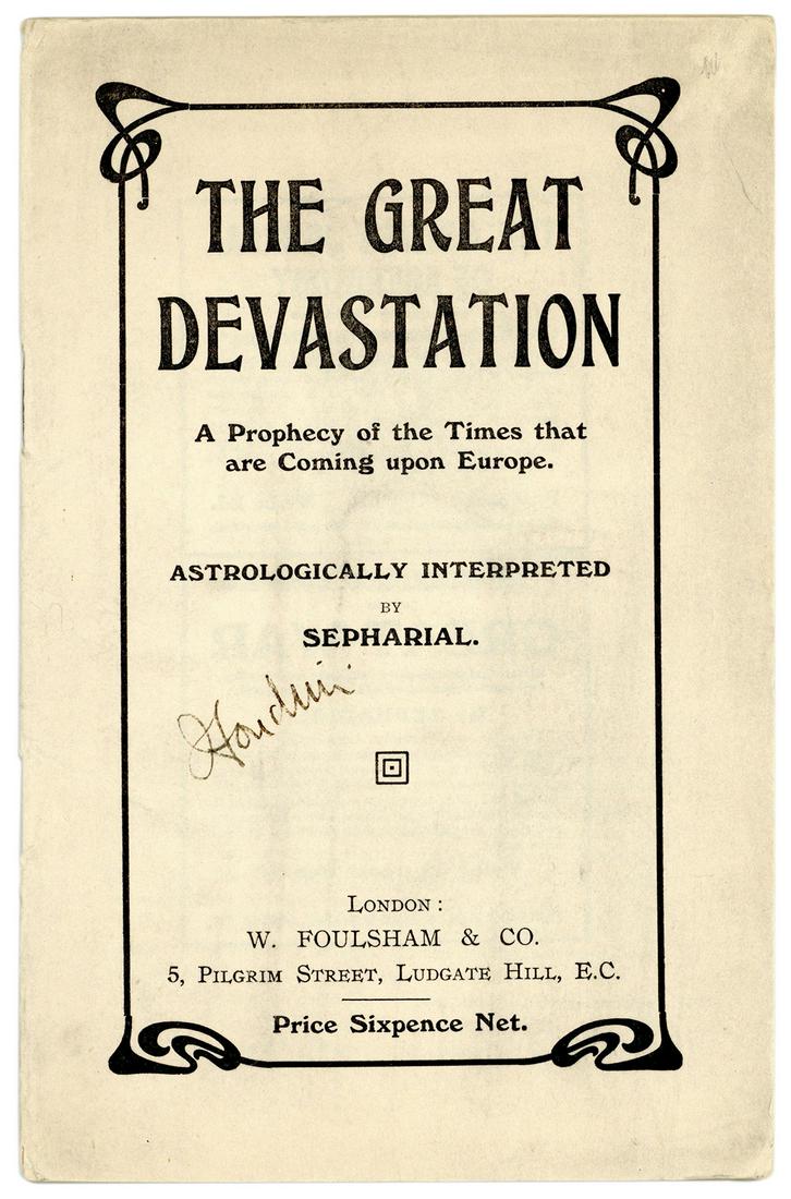 HOUDINI, Harry (Ehrich Weisz). The Great Devastation. Londo...: HOUDINI, Harry (Ehrich Weisz). The Great Devastation. London: John Taylor, ca. 1914. Printed paper wrappers. Wrappers separating from staples, else good. SIGNED by Houdini on the upper wrapper.