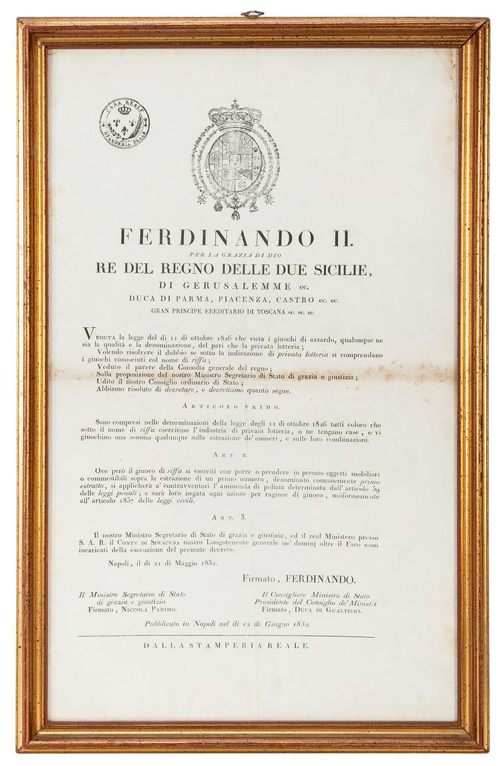 [LOTTERIES AND RAFFLES]. Royal decree from King Ferdinand I... (1 of 1)