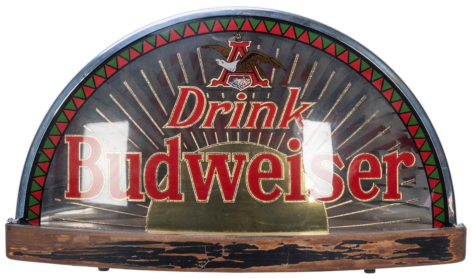 Budweiser Reverse Glass Lighted Cab Sign. Circa 1940s. Half-circle metal shelftop lamp with “ (1 of 1)