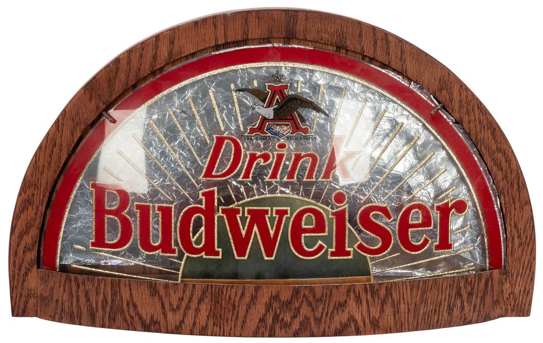 Budweiser Glass Lighted Cab Sign. Half-circle lamp with wood-look frame, and color “Drink: Budweiser Glass Lighted Cab Sign. Half-circle lamp with wood-look frame, and color “Drink Budweiser” lettering and Anheuser-Busch logo and decoration on glass. With pull-chain switch, powe