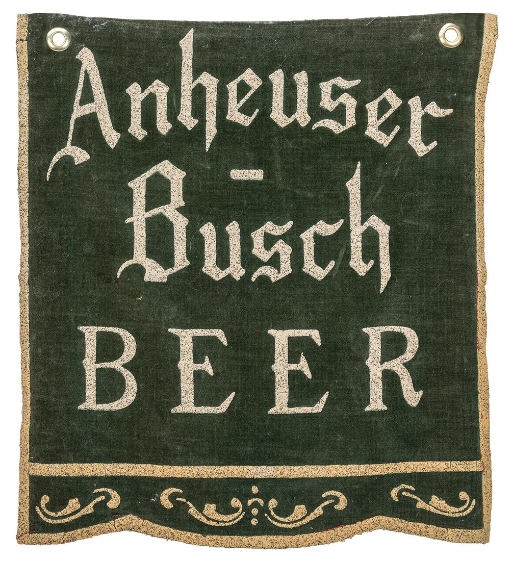 Anheuser-Busch Beer hanging pennant. [N.p., ca. 1890s-1910s]. Green velvet pennant with text and (1 of 2)