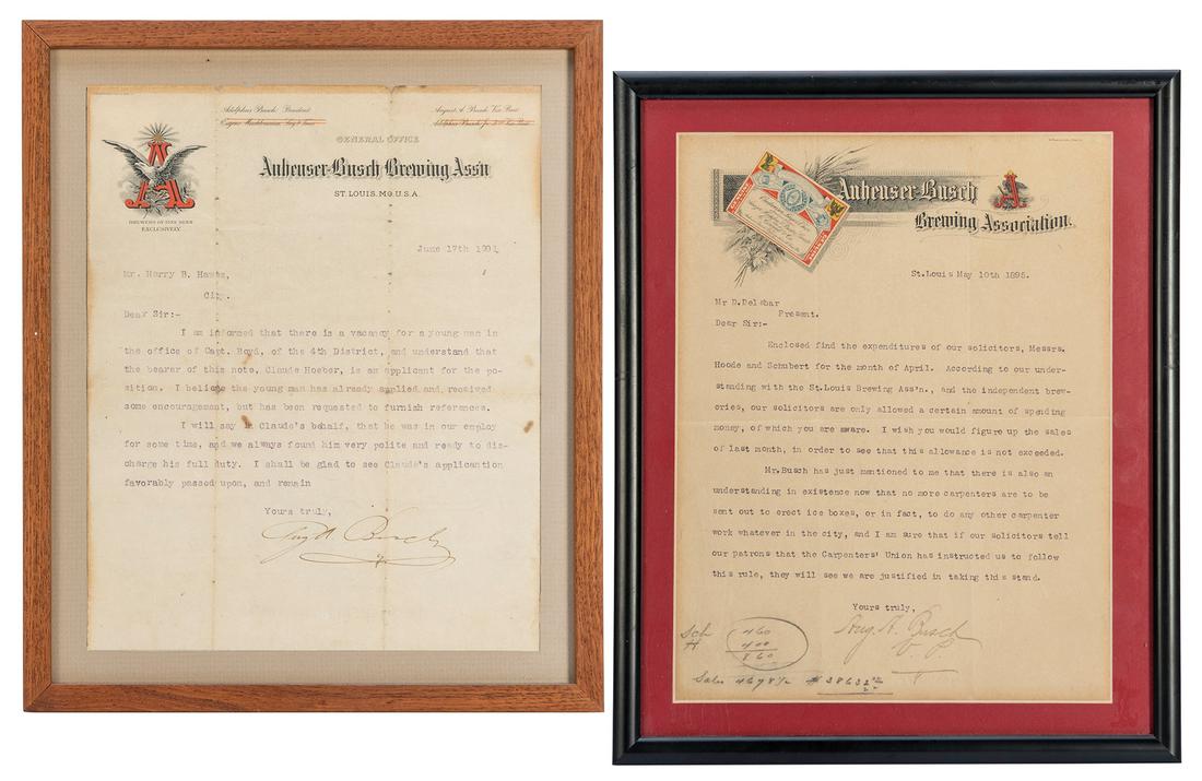 BUSCH, August Anheuser, Sr. (American, 1865-1934). Group of 2 Typed Letters Signed on Anheuser-Busch (1 of 3)