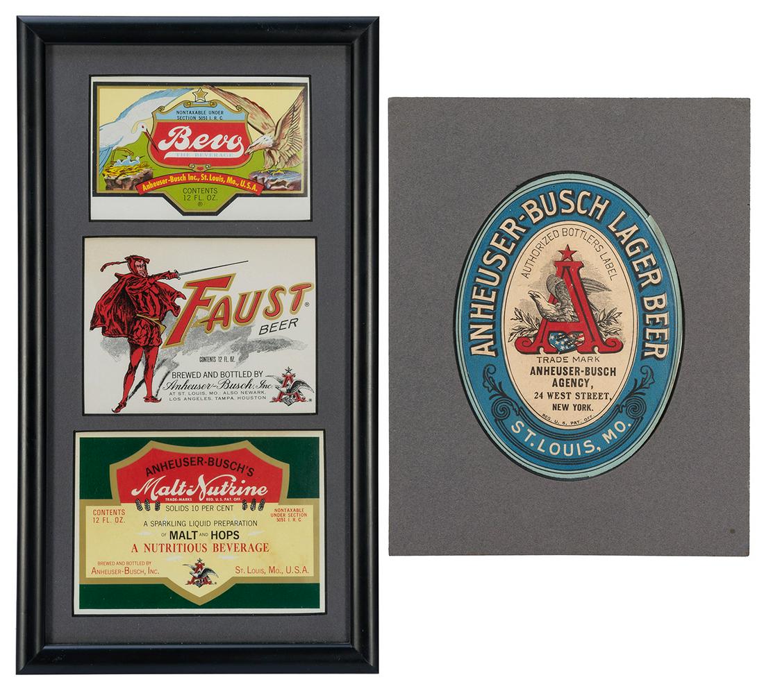 Four Anheuser Busch Labels. Circa 1910s. Includes Bevo the Beverage