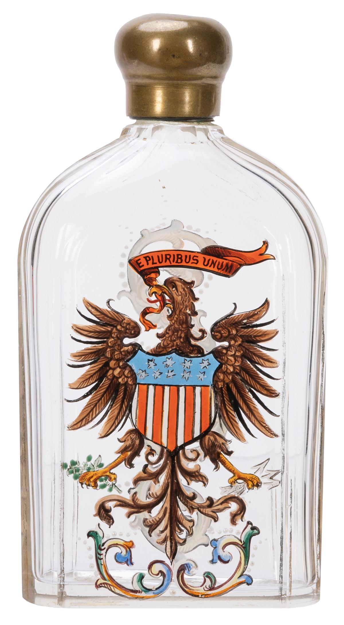 American Hand-Painted Glass Whiskey Flask. Circa 1900s. Hand-painted glass flask with glass stopper, (1 of 2)