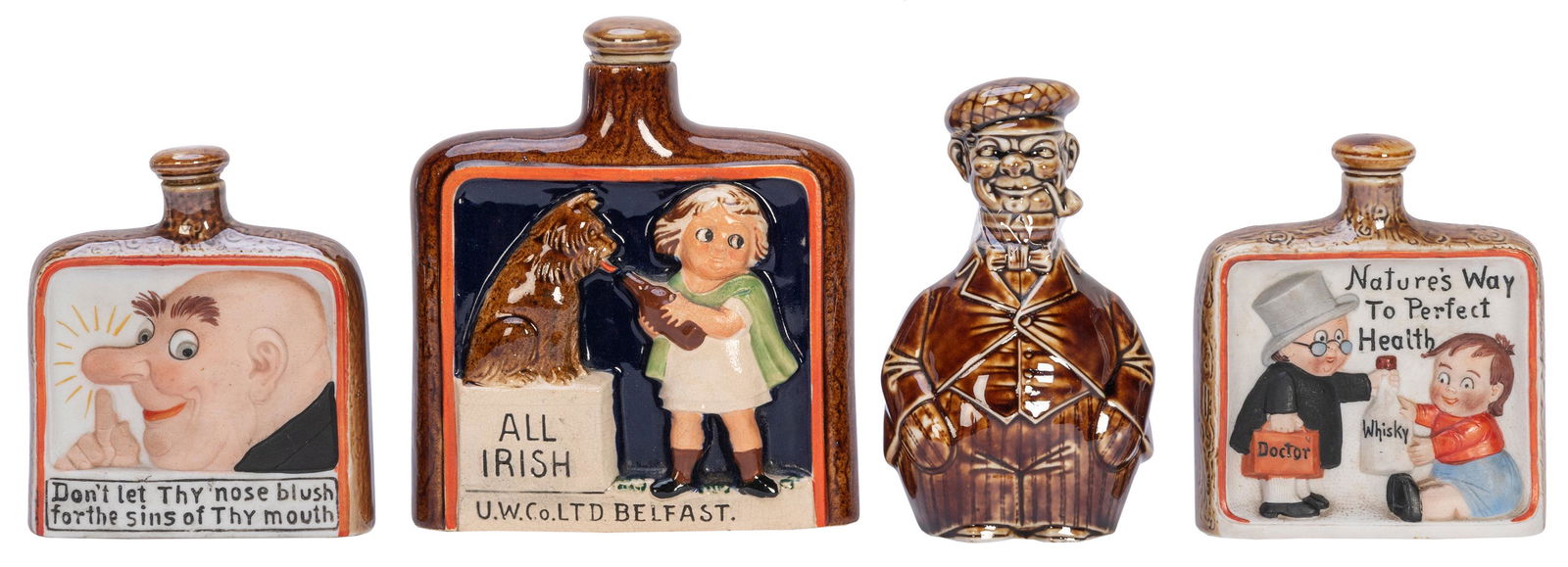 Group of 4 painted ceramic decanters. [France, Ireland, and elsewhere, n.d.]. 2 flasks with stickers (1 of 1)