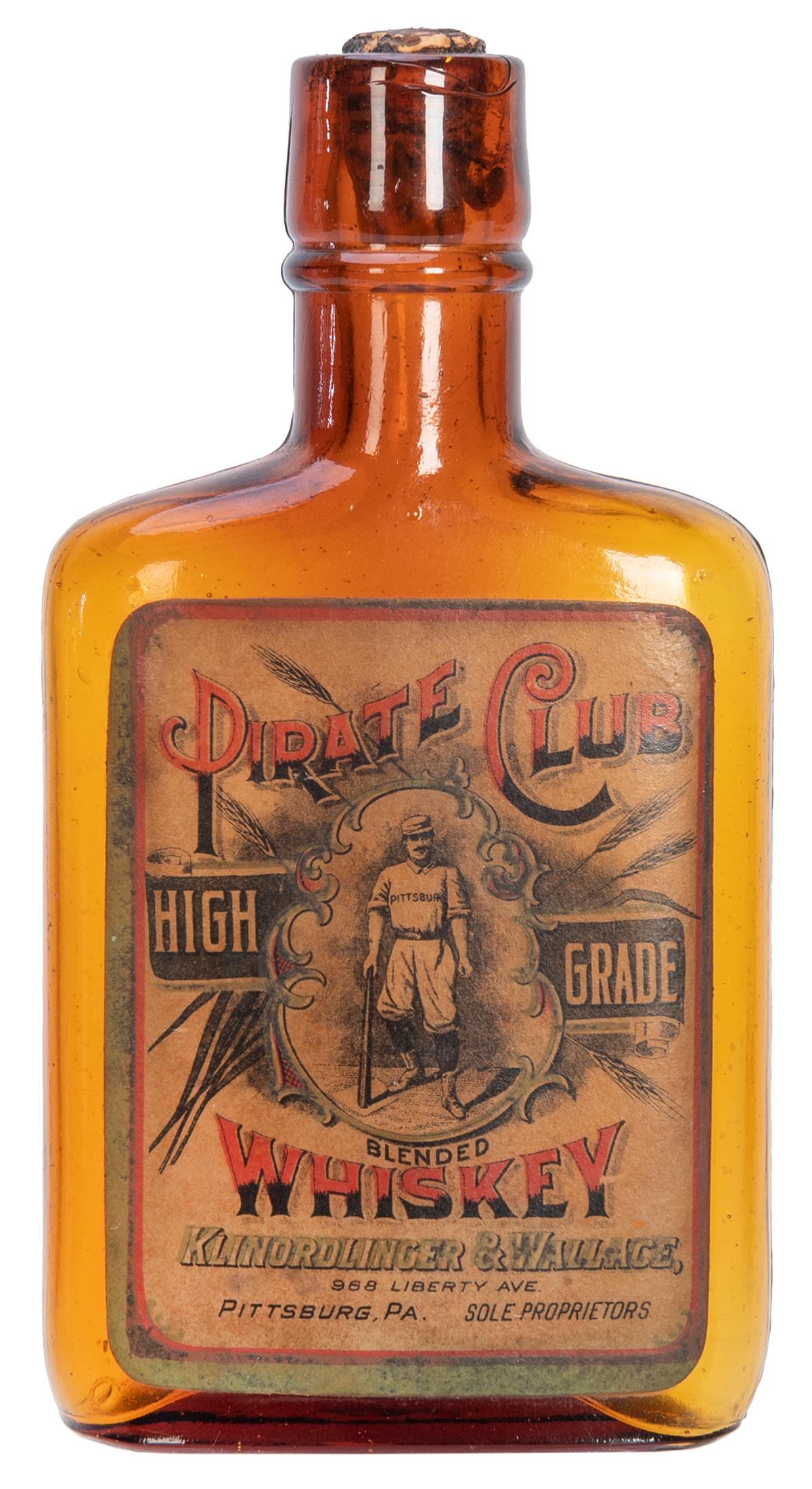 Pirate Club Whiskey Bottle. Pittsburg: Klinordlinger and Wallace, ca. 1900s. Brown, glass whiskey (1 of 1)