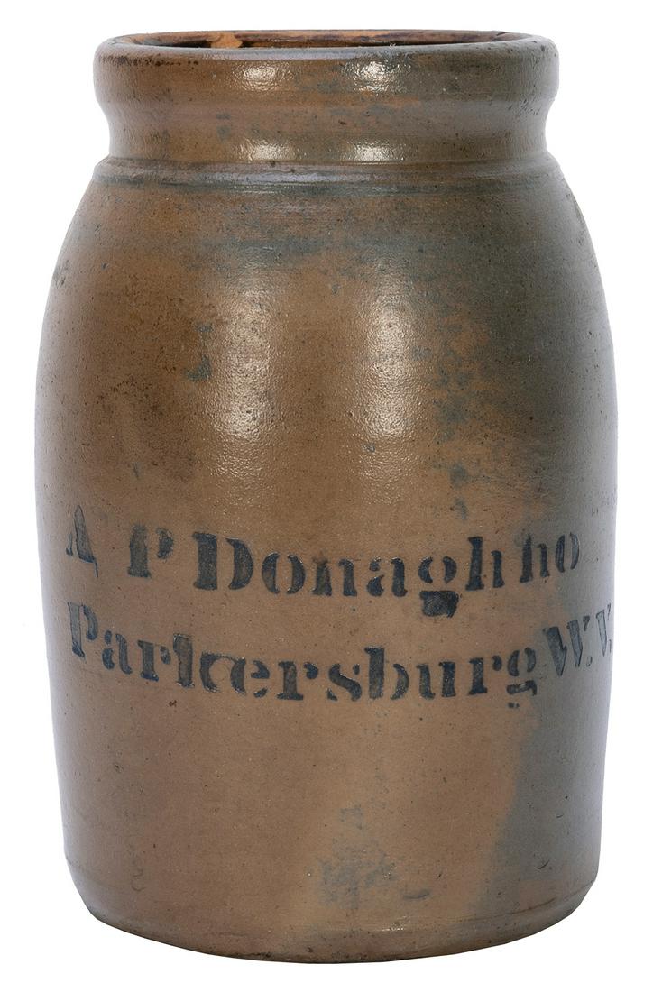 A.P. Donaghho Parkersburg Stoneware Jug. Parkersburg, WV, 19th century. Stoneware crock with the (1 of 2)