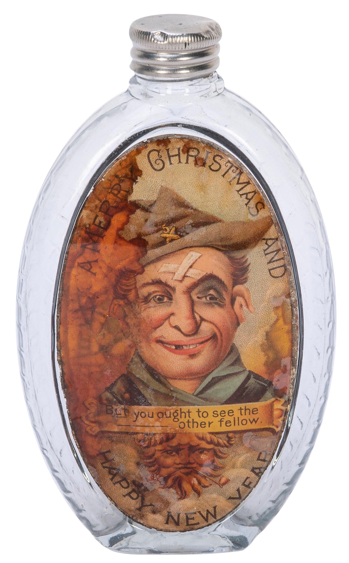 “Merry Christmas and Happy New Year” Whiskey Flask. Circa 1898(?). “Label under (1 of 1)
