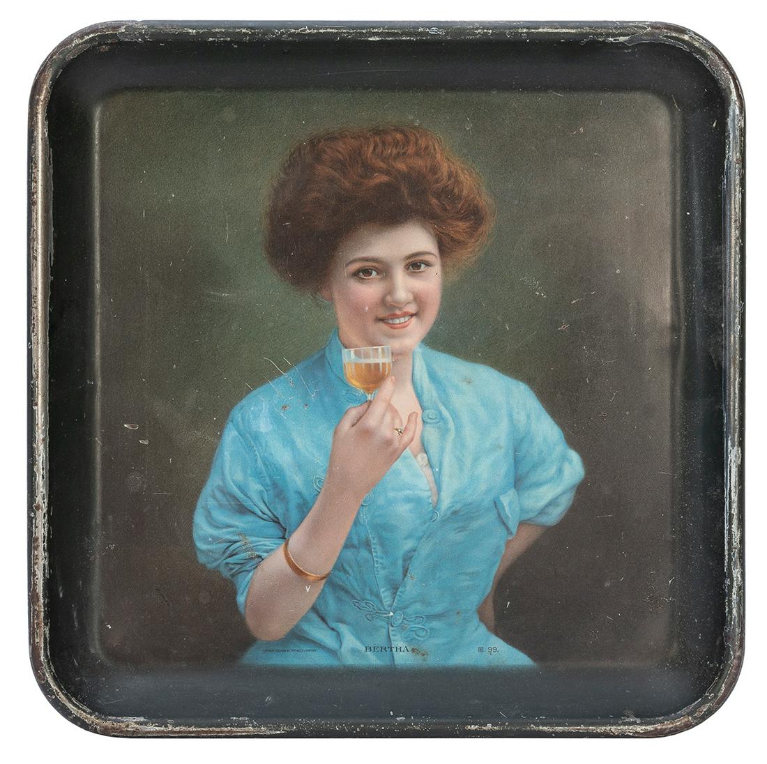 Meek Co. “Bertha” Beer Tray. 1908. Lithographed tin tray with a portrait of a red-haired (1 of 1)