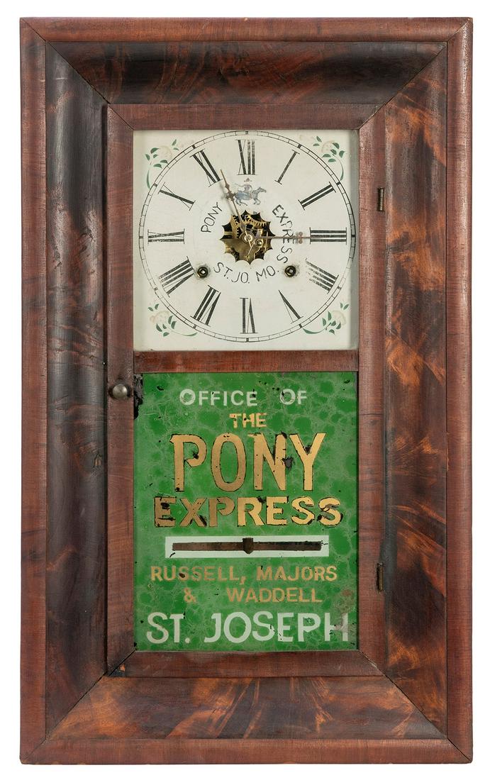 The Pony Express Advertising Clock. St. Joseph, MO: The Pony Express, ca. 19th century. Vintage oak: The Pony Express Advertising Clock. St. Joseph, MO: The Pony Express, ca. 19th century. Vintage oak wall clock with reverse painted green in gilt letters for the office of St. Joseph The Pony Express 