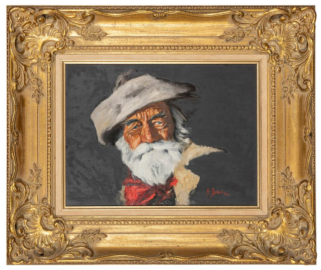 FARM, Gerald (b. 1935). Wishful. 1972. Oil on canvas portrait of a blue-eyed cowboy against a black (1 of 1)