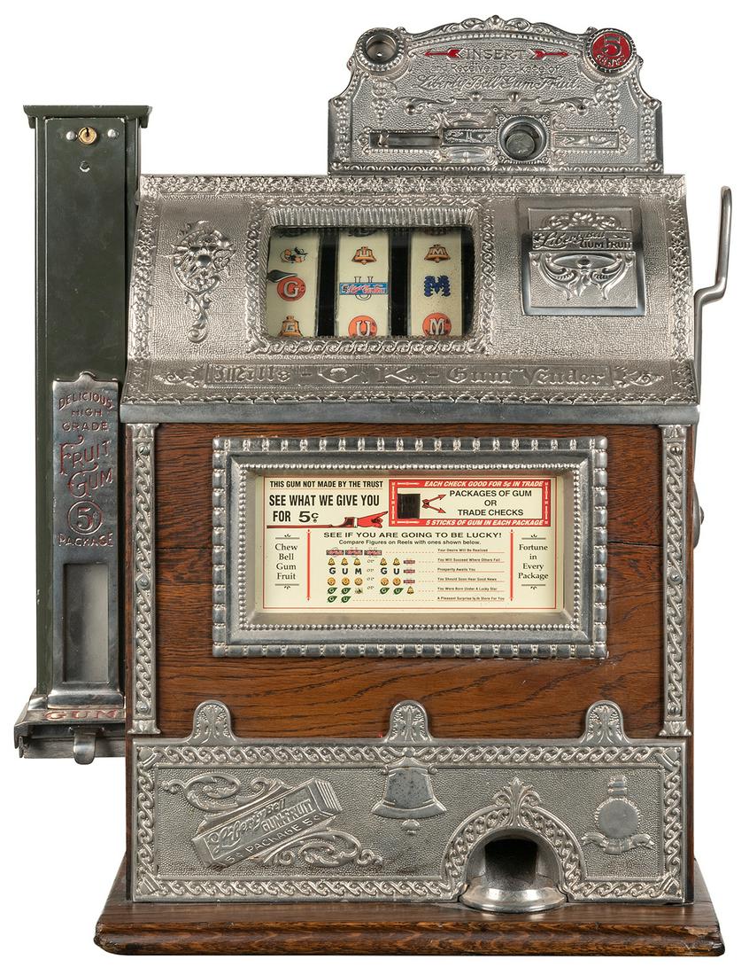 Mills 5 Cent OK Gum Vendor Slot Machine. Chicago: Mills Novelty, ca. 1912. Hardwood case with (1 of 1)