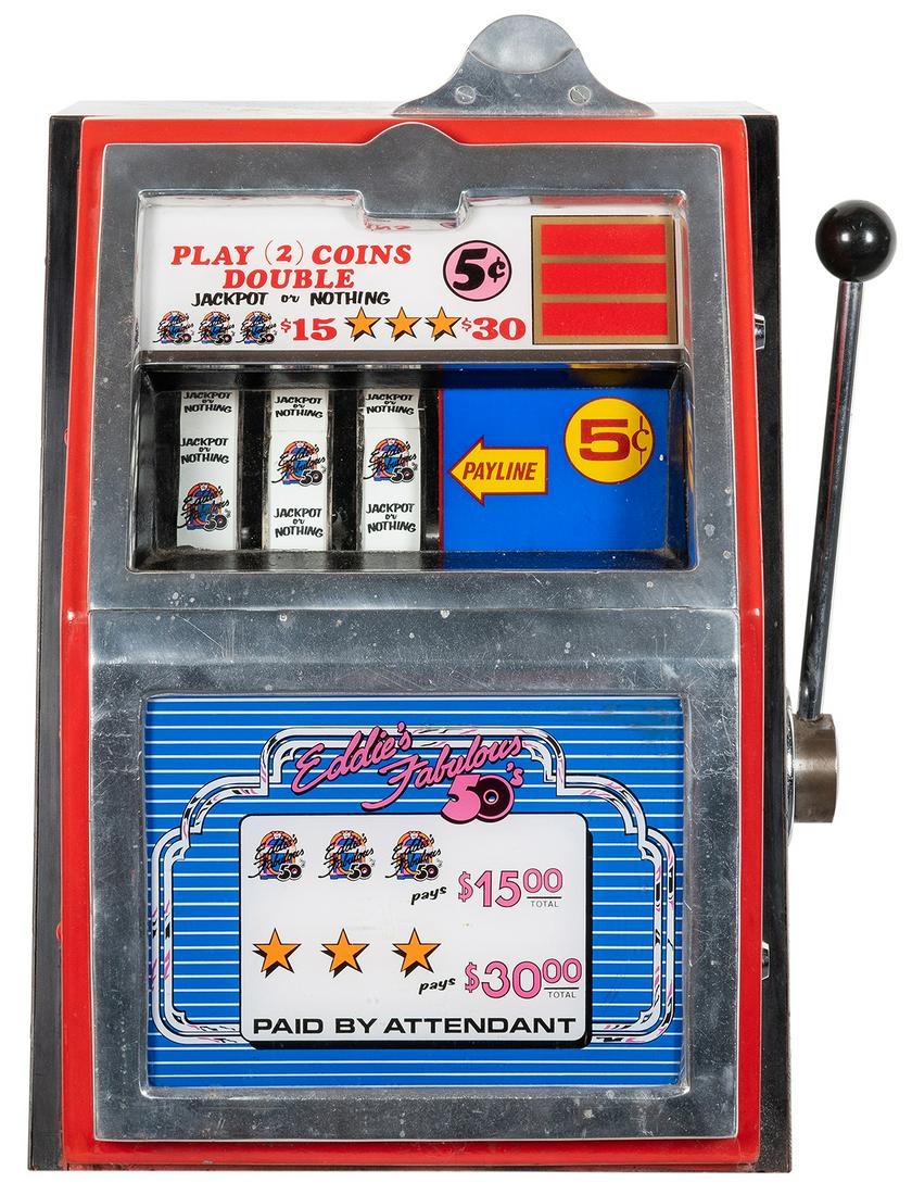 Eddie’s Fabulous 50s 5 Cent Casino Slot Machine. Height 21”. Lights up, but mechanism (1 of 2)