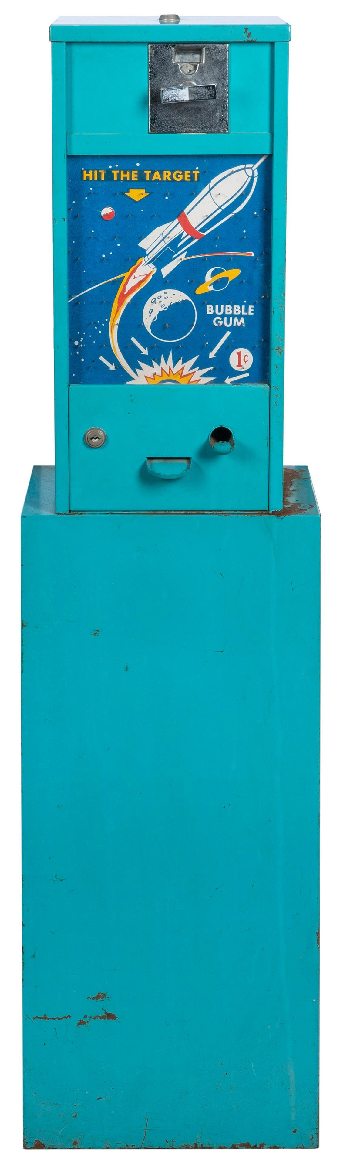 Bubble Gum 1 Cent Vending Machine on Stand. [ca. 1950s]. Painted metal vending machine with carousel (1 of 2)