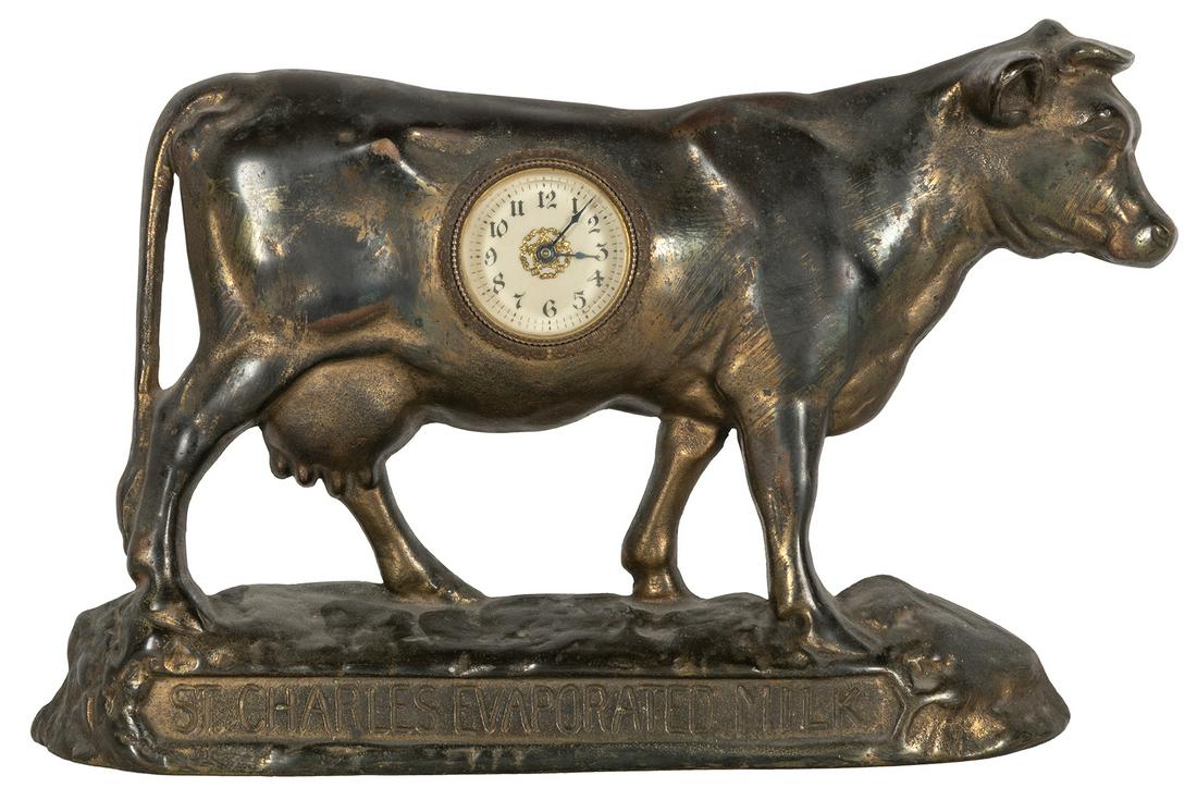 St. Charles Evaporated Cream figural advertising clock. [Attr. Regent Mfg. Co.] Cast metal cow (with (1 of 1)