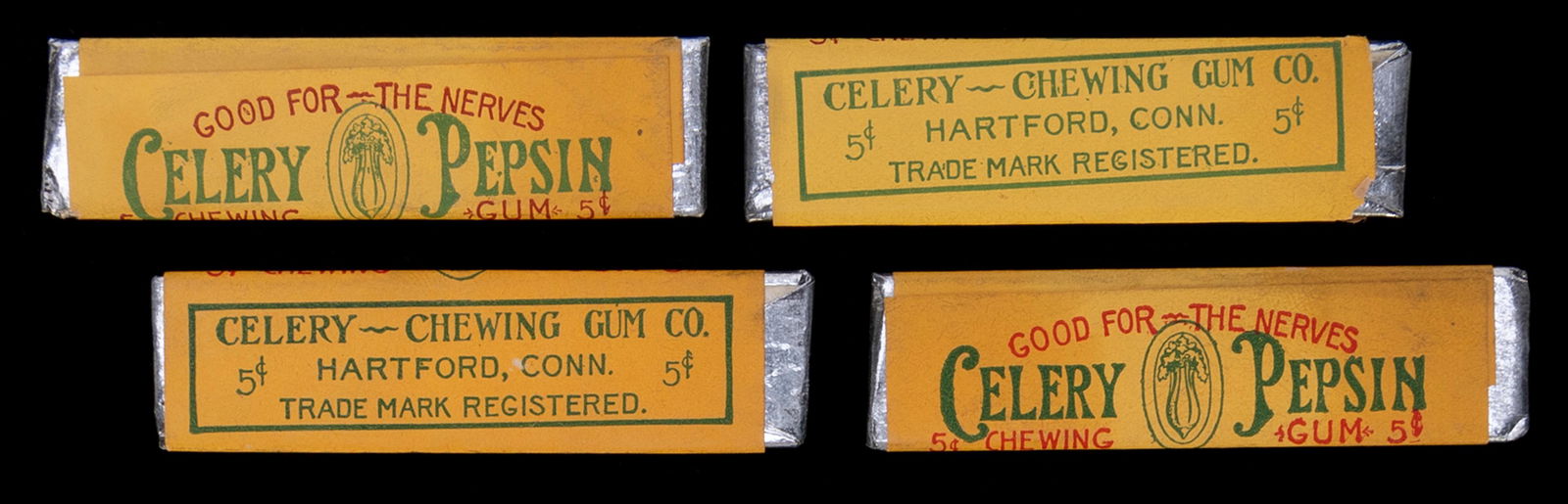 Celery Pepsin 5 Cent Chewing Gum. Hartford, Connecticut, ca. 1923. Four single sticks of gum issued: Celery Pepsin 5 Cent Chewing Gum. Hartford, Connecticut, ca. 1923. Four single sticks of gum issued by the Celery Chewing Gum Co. Patent records show that this company was registered to a Hubert C. Ha