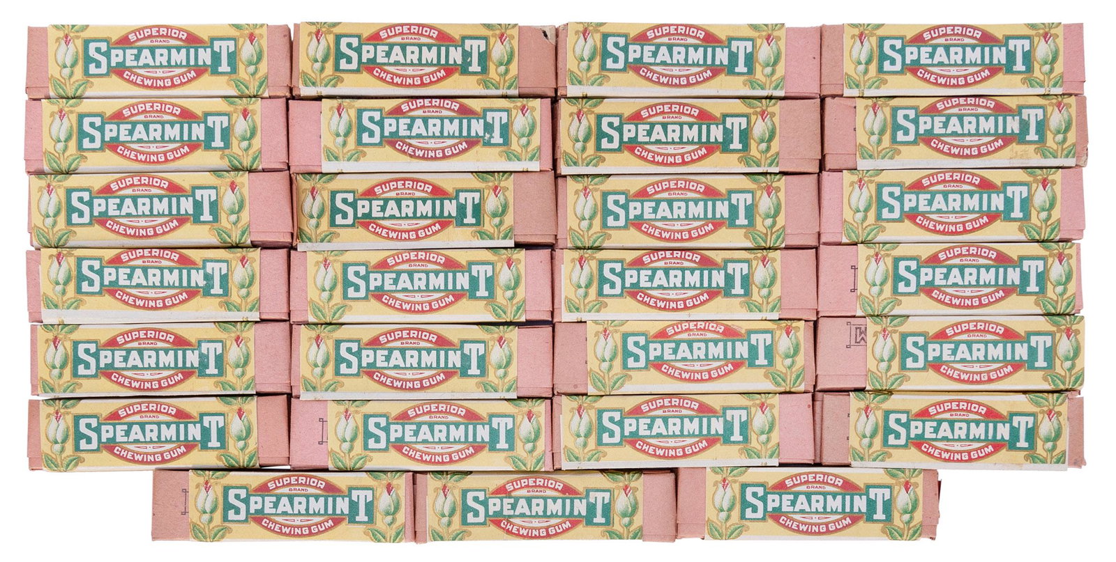 Superior Spearmint Chewing Gum Lot. Toledo: Toledo Chewing Gum Co., ca. 1920s. Lot of 26 five-stick: Superior Spearmint Chewing Gum Lot. Toledo: Toledo Chewing Gum Co., ca. 1920s. Lot of 26 five-stick packs, each stick retained in pale pink wrapper and with an outer lithograph wrapper carrying the br