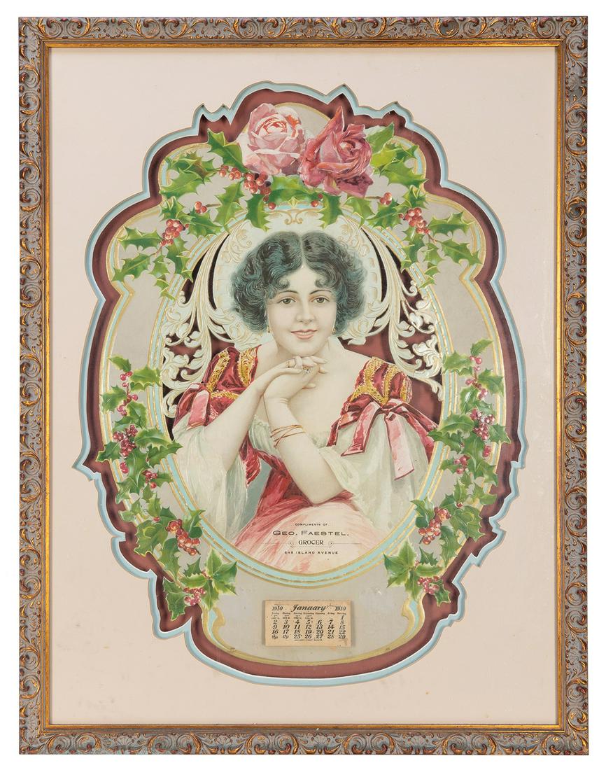 Geo. Faestel Grocer 1910 Advertising Diecut. Large lithograph diecut depicting a woman with dark (1 of 1)