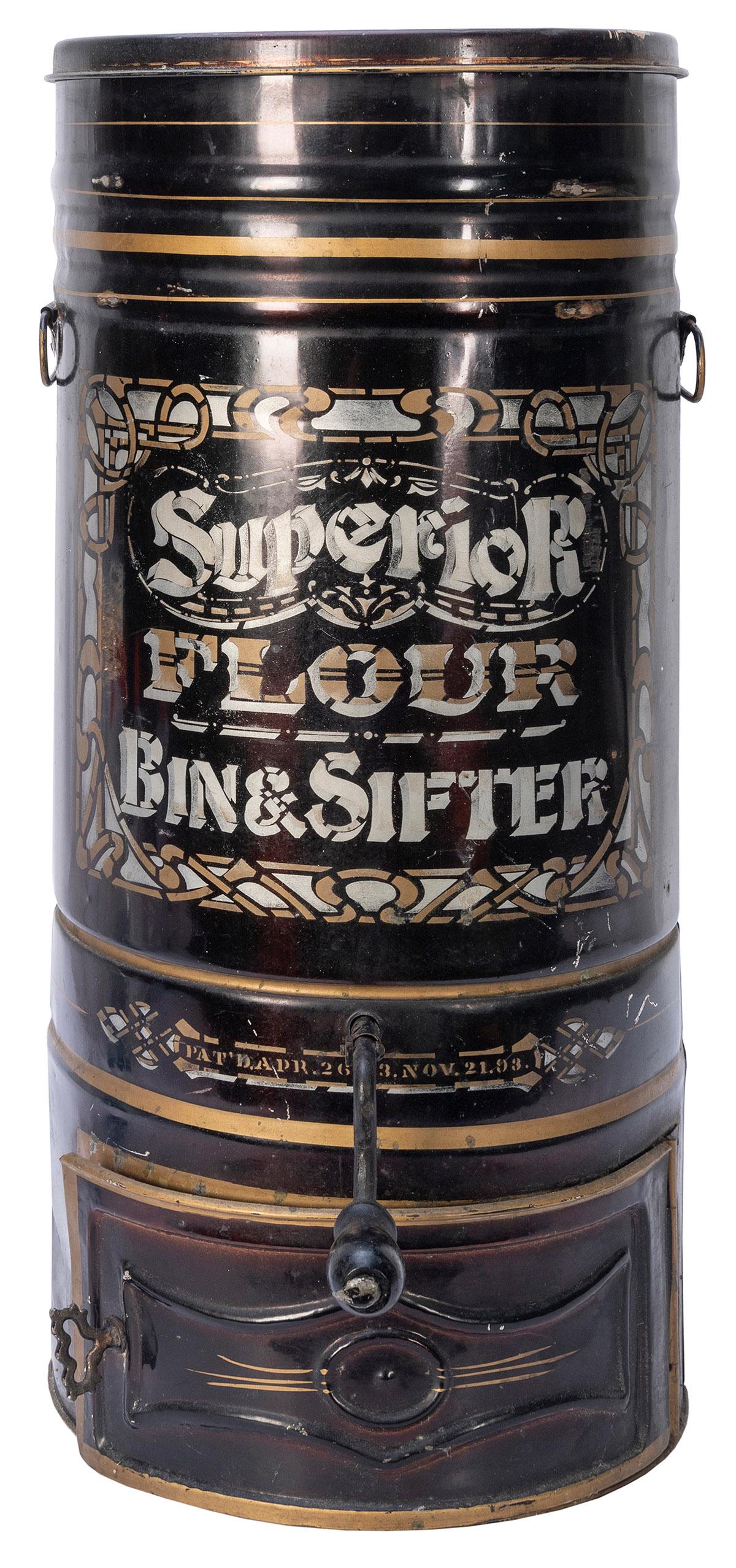 Superior Flour Bin & Sifter. 1890s. Large stenciled toleware bin and sifter with lid, handles, and (1 of 2)