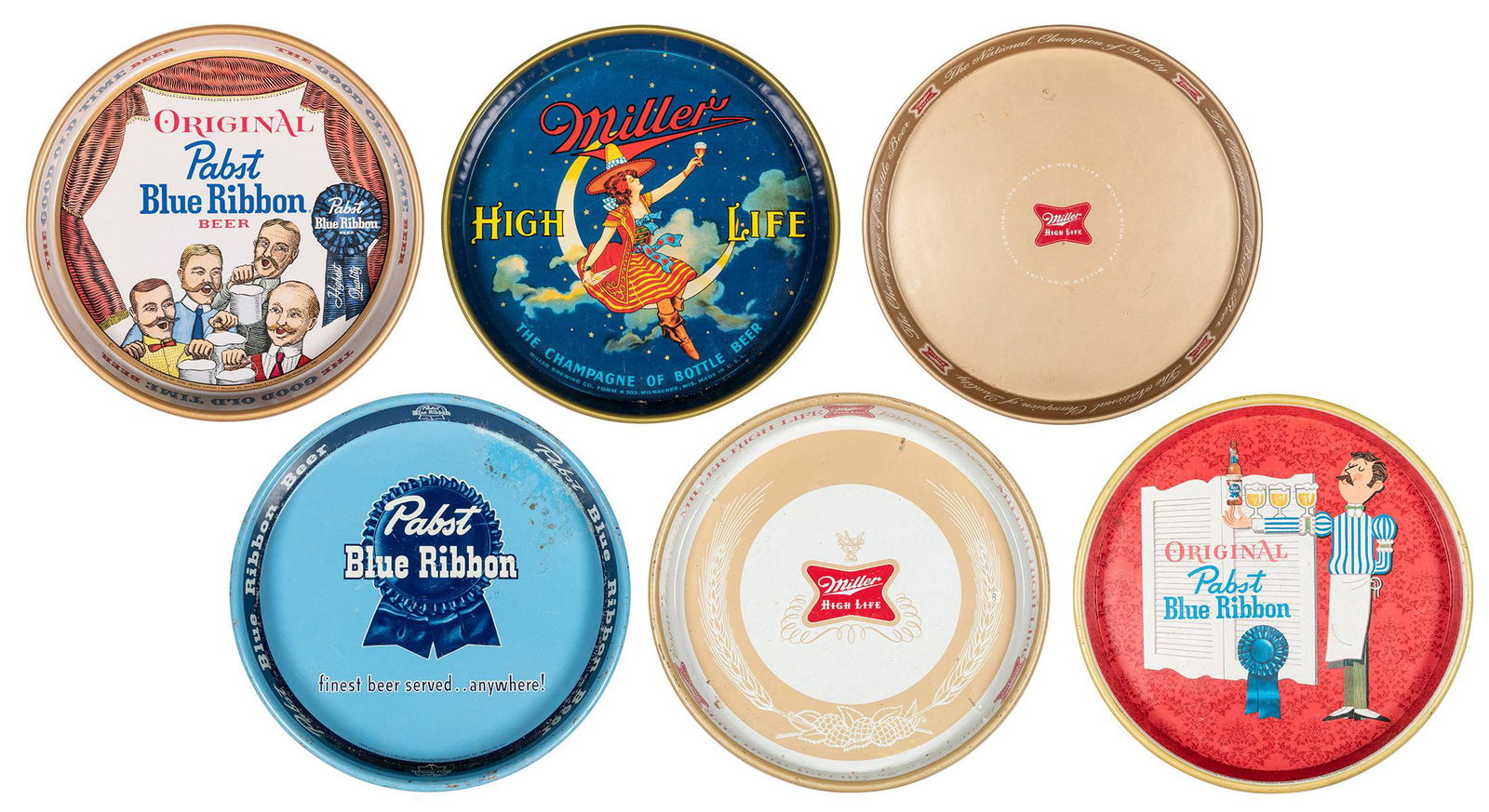 Group of Six Beer Trays. Ca. 1950s - 1960s. Includes: Miller High Life (3); and Pabst Blue Ribbon. (1 of 1)