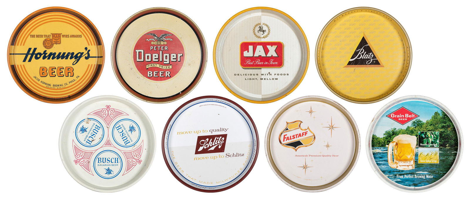 Eight Beer Advertising Trays. Circa 1940s/60s. Lot includes Falstaff, Schlitz, Blatz, Jax, Peter (1 of 1)