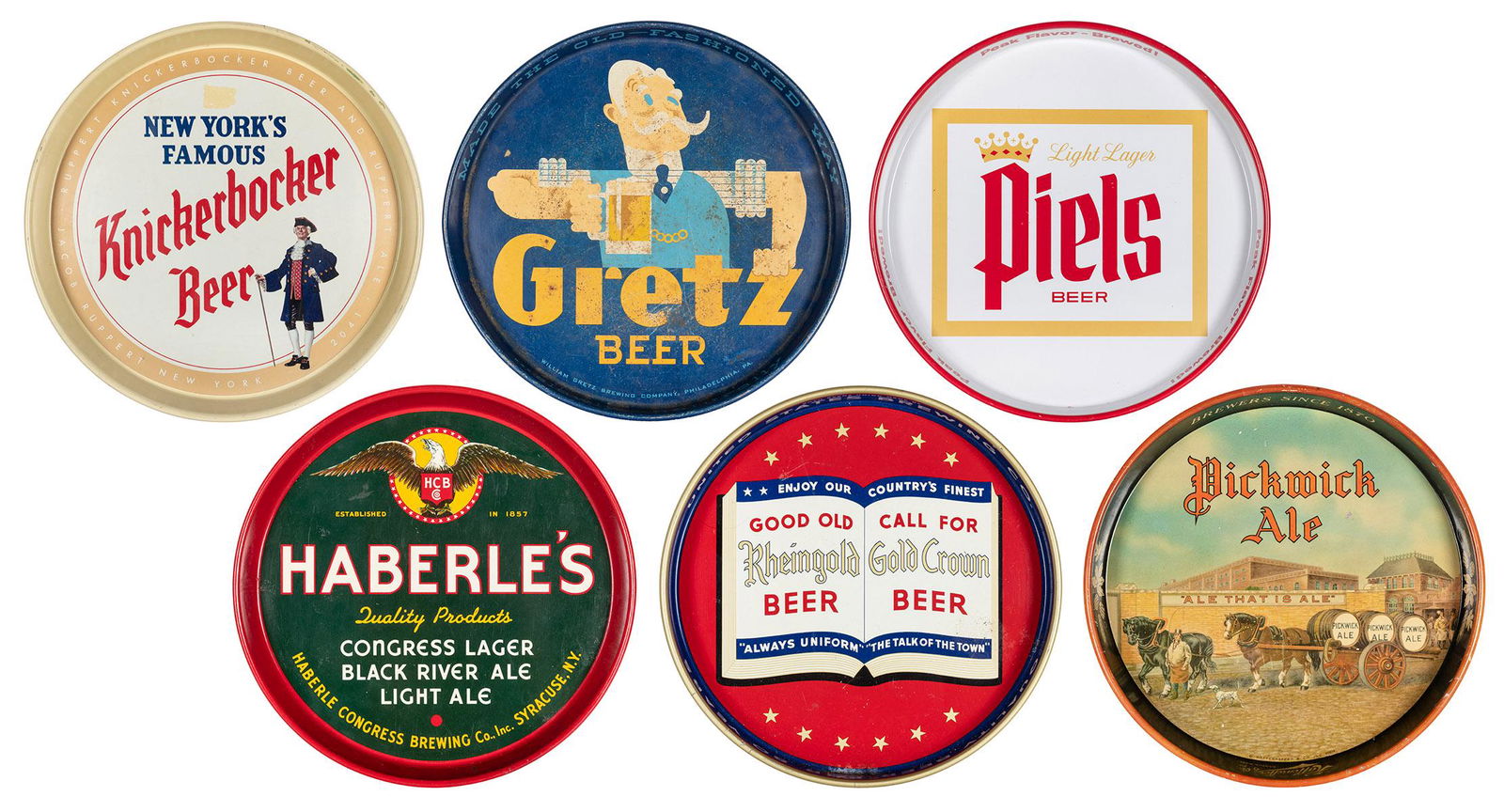 Six Beer Advertising Trays. 1940s/60s. Including Pickwick Ale (Haffenreffer Brewery); Rheingold (1 of 1)