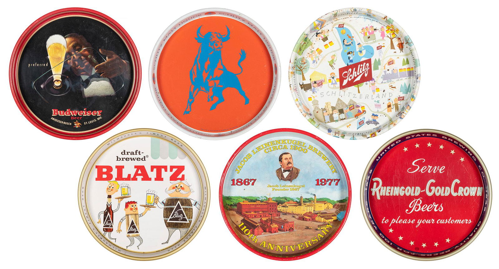 Six Beer Advertising Trays. Includes Budweiser (Anheuser-Busch Companies Inc.); Leinenkugel (1 of 1)