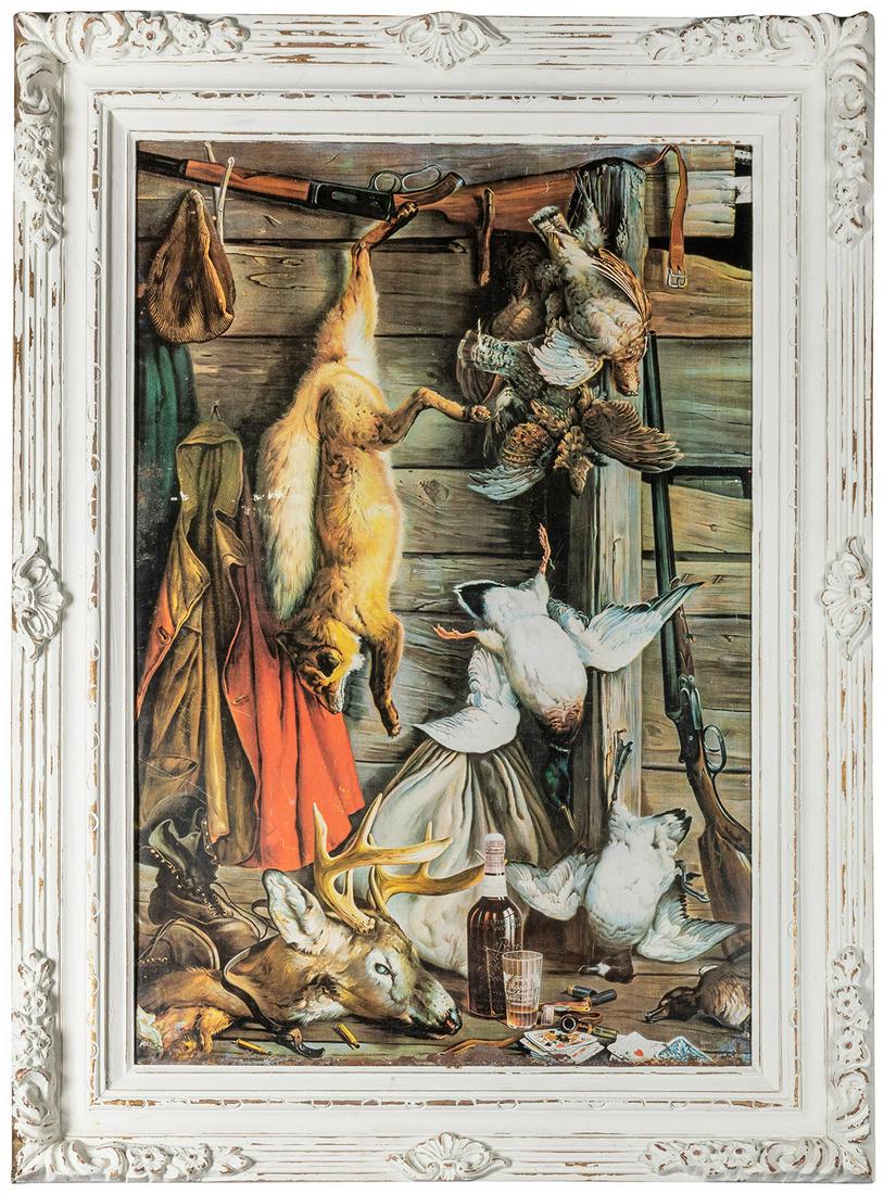 Group of 2 framed hunting items. Including: large, lithographed tin sign for Four Roses Kentucky (1 of 2)