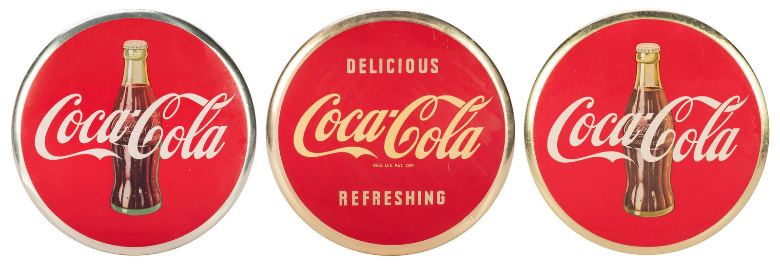 Group of 3 Coca-Cola round “button” signs. [Philadelphia Badge Co., [ca. 1940s-1950s]. (1 of 1)