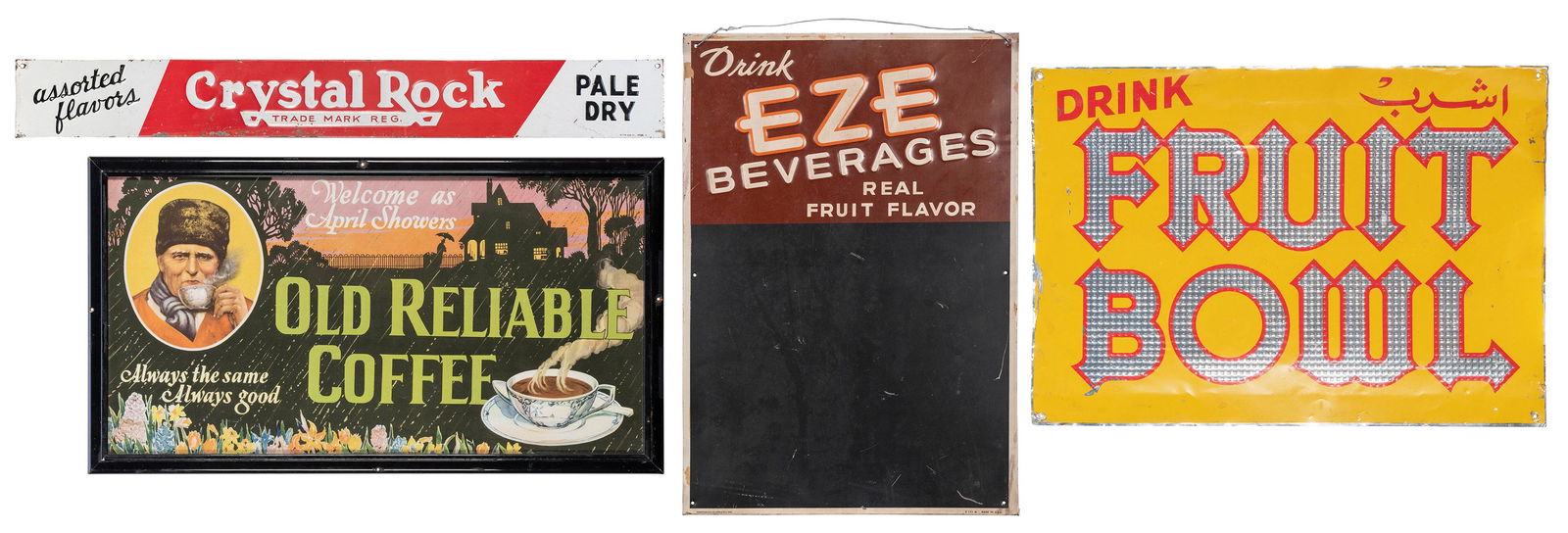Group of 4 signs for fruit and hot beverages. [V.p., 1930s-1950s]. Includes metal signs and one (1 of 5)