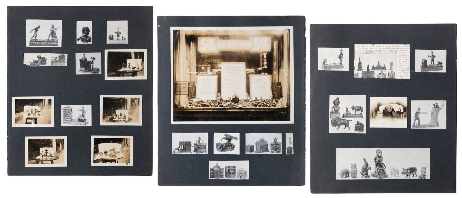 Group of 7 photographs and 24 magazine clippings of still and mechanical banks. [Circa 1900s]. (1 of 4)