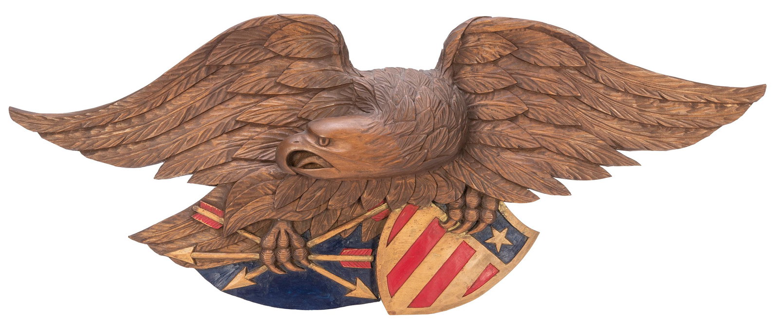 Wood Carved Eagle Display. Hand-painted wood-carved eagle with an American flag and arrows. Marked (1 of 1)