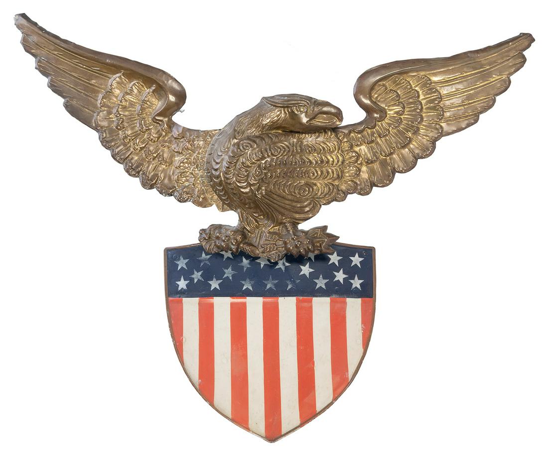 Vintage American eagle and shield sign. [N.p., n.d.]. Painted tin hanging sign of an American eagle (1 of 1)