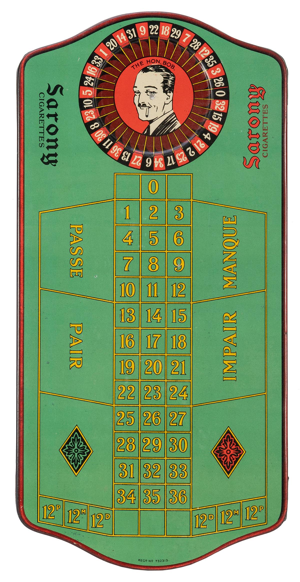 Sarony Cigarettes Roulette tin. [London: Nicolas Sarony & Co., ca. 1920s-1930s]. Original tin (1 of 3)