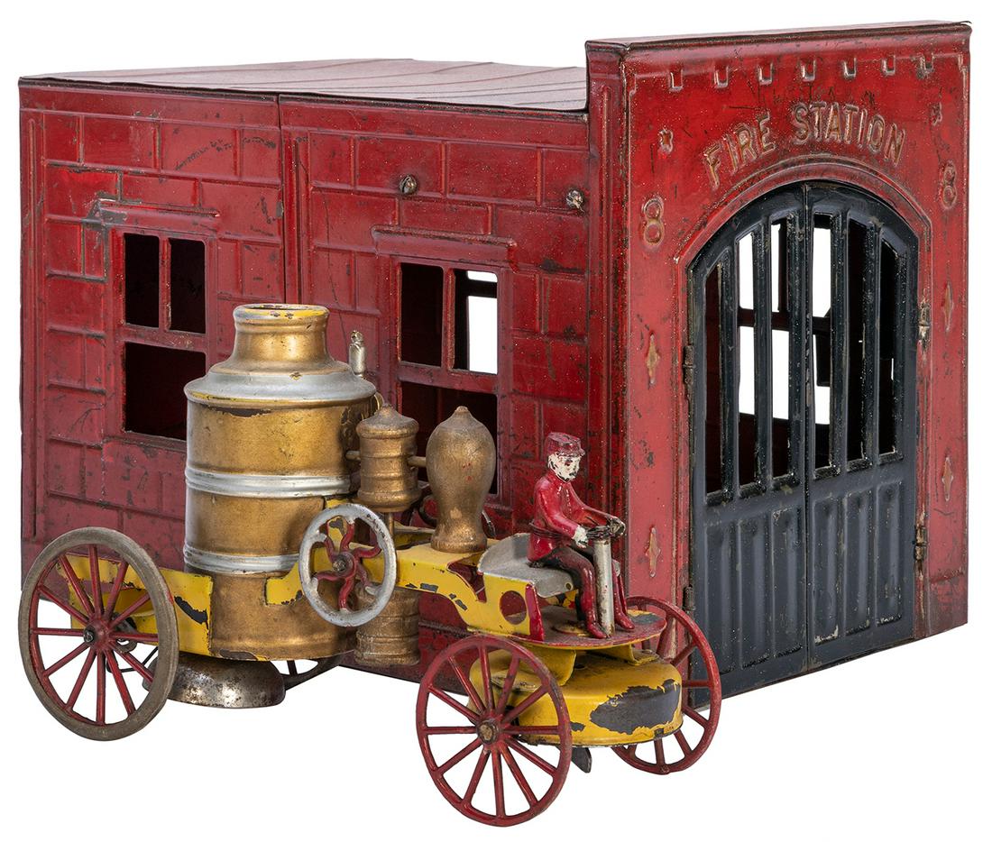 Kinsbury wind-up pressed steel Fire Station No. 8. [New Hampshire: Kingsbury, ca. 1900s]. Painted (1 of 3)